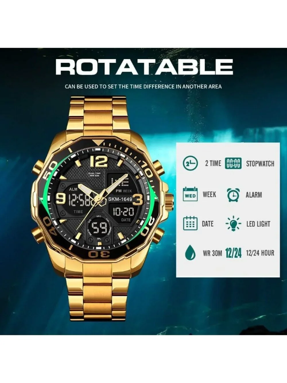 Mens Gold Analog Multi Times Military Stainless Steel Chronograph Digital Watch